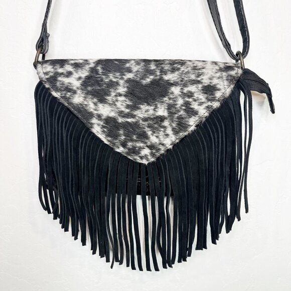 Artisan Embossed Tooled Fringe Cowhide Leather Crossbody Bag Black white Boho - Picture 2 of 6